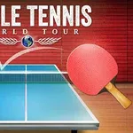 Pöytätennispeli, jossa on kaksi mailaa ja pallo sinisellä pöydällä punaisen taustan edessä