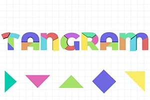 Sana TANGRAM värikkäillä kirjaimilla ja viisi eriväristä geometrista muotoa ruutupohjalla