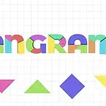 Sana TANGRAM värikkäillä kirjaimilla ja viisi eriväristä geometrista muotoa ruutupohjalla