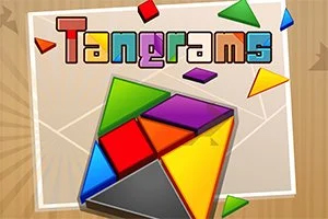 Monivärisiä geometrisia paloja muodostavat ruudun, jonka yläpuolella lukee Tangrams
