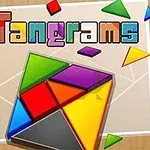 Monivärisiä geometrisia paloja muodostavat ruudun, jonka yläpuolella lukee Tangrams