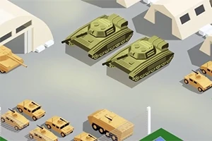 Kaksi vihreää panssarivaunua ja useita beigejä ajoneuvoja parkkipaikalla telttojen keskellä