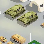 Kaksi vihreää panssarivaunua ja useita beigejä ajoneuvoja parkkipaikalla telttojen keskellä