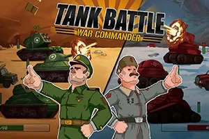 Kaksi piirrettyä sotilasjohtajaa etualalla, taustalla taistelukohtaus tankeilla ja ilotulite tai räjähdys