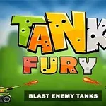 Värikkäät isot kirjaimet sanoilla Tank Fury vihreällä taustalla, alareunassa kaksi tankkia ampumassa tulipalloja