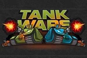 Kaksi eriväristä piirrettyä tankkia ampuu tuliammuksia vastakkain tekstin Tank Wars edessä