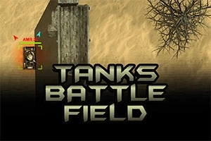 Sävyisällä taistelukentällä on hiekkainen maasto, säiliö ja suuri teksti Tanks Battle Field