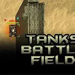 Sävyisällä taistelukentällä on hiekkainen maasto, säiliö ja suuri teksti Tanks Battle Field