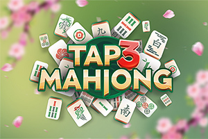 Vihreällä taustalla kelluvia mahjong-laattoja ja teksti Tap 3 Mahjong, ympärillä kirsikankukkia
