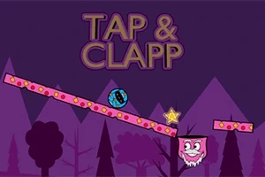Violetilla taustalla on kuvioitu maasto, teksti Tap & Clapp, hymyilevä pinkki kuutio ja sininen pallo, jotka lepäävät vinoilla tasoilla, ja keltainen tähti keskellä