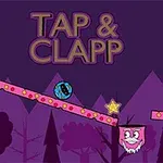 Violetilla taustalla on kuvioitu maasto, teksti Tap & Clapp, hymyilevä pinkki kuutio ja sininen pallo, jotka lepäävät vinoilla tasoilla, ja keltainen tähti keskellä