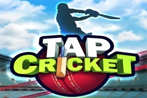 Siluettihahmo lyömässä mailalla, teksti Tap Cricket suuren krikettipallon päällä sinisellä taustalla