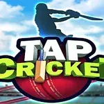 Siluettihahmo lyömässä mailalla, teksti Tap Cricket suuren krikettipallon päällä sinisellä taustalla