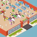 Isometrinen näkymä supermarketista, jossa on värikkäitä hyllyjä, ostajia ja kassapisteitä