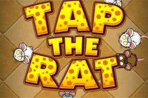 Oranssinkeltaiset juuston näköiset tekstit TAP THE RAT ruskealla taustalla, ympärillä piirrosrotat