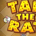 Oranssinkeltaiset juuston näköiset tekstit TAP THE RAT ruskealla taustalla, ympärillä piirrosrotat