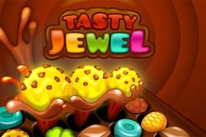 Kuvassa on värikkäitä jäätelöpalloja ja makeisia, joissa on teksti Tasty Jewel yläpuolella
