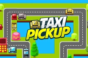 Värikäs kuva esittää keltaisia takseja ajamassa teitä pitkin, ympärillä rakennuksia ja puita, keskellä teksti TAXI PICKUP
