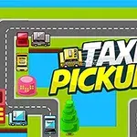 Värikäs kuva esittää keltaisia takseja ajamassa teitä pitkin, ympärillä rakennuksia ja puita, keskellä teksti TAXI PICKUP