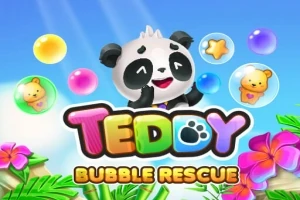 Panda hahmo iloisena värikkäiden kuplien keskellä, lelujen ja kasvien ympäröimänä