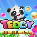 Panda hahmo iloisena värikkäiden kuplien keskellä, lelujen ja kasvien ympäröimänä