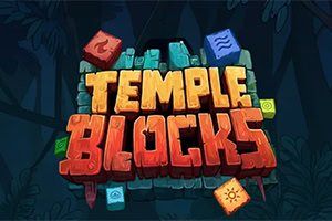 Värikäs Temple Blocks -tekstilogo kivisillä 3D-palikoilla, taustalla tumma viidakkotemppeliaiheinen siluetti