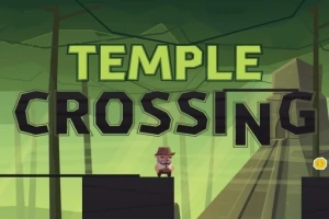 Vihreäsävyinen kuva, jossa on teksti Temple Crossing, siluettihahmo, silta ja taustalla temppeli