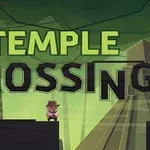 Vihreäsävyinen kuva, jossa on teksti Temple Crossing, siluettihahmo, silta ja taustalla temppeli