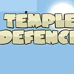 Vaaleanruskea teksti TEMPLE DEFENCE sinisellä taustalla, taustalla aurinko ja kaksi mustaa hahmoa