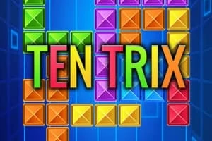 Kirkkaasti värilliset palikat ja teksti TEN TRIX sinisellä taustalla
