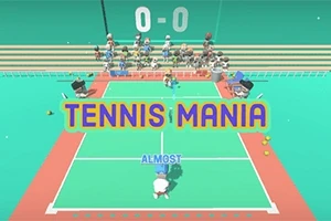 Tenniskenttä, jolla pelaajia, katsojia ja teksti TENNIS MANIA