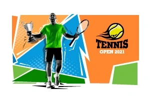 Mies pitelee tennismailaa ja pokaalia värikkään taustan edessä, oikealla on teksti Tennis Open 2021