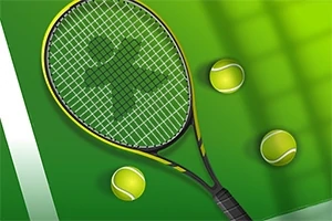Tennismaila ja kolme tennispalloa vihreällä taustalla