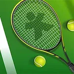 Tennismaila ja kolme tennispalloa vihreällä taustalla