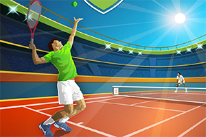 Kaksi tennispelaajaa kirkkaan aurinkoisella kentällä, toisen suorittaessa syöttöä värikkäässä stadionympäristössä
