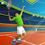 Kaksi tennispelaajaa kirkkaan aurinkoisella kentällä, toisen suorittaessa syöttöä värikkäässä stadionympäristössä