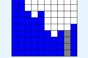 Ristikon tyylinen ruudukko, jossa on täytetty sinisillä, valkoisilla ja harmailla ruuduilla