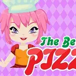 Sarjakuvamainen hahmo vaaleanpunaisilla hiuksilla ja kokin hattu päässä hymyilee, viereen on piirretty pizzapala ja teksti The Best Pizza värikkäällä taustalla