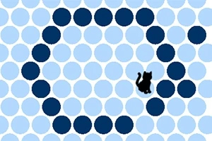 Sinisiä ympyröitä sisältävä kuvio, jossa keskellä musta kissasiluetti