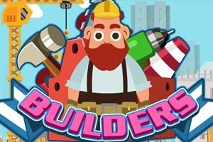 Rakennustyömaalle sijoittuva piirretty kuva punaparrasta rakennusmiehestä työkalujen ja nostokurjen kanssa, tekstillä Builders