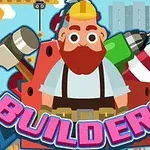 Rakennustyömaalle sijoittuva piirretty kuva punaparrasta rakennusmiehestä työkalujen ja nostokurjen kanssa, tekstillä Builders