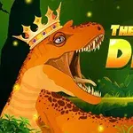 Dinosaurus, jolla on kultainen kruunu, vihreässä viidakkoympäristössä; teksti The Dino King