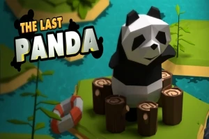 Kolmiulotteinen pandahahmo seisoo puiden kannoilla pienellä saarella; tekstinä The Last Panda