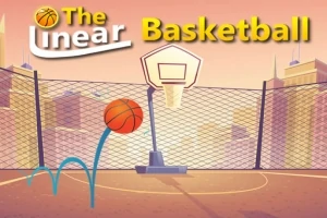 Koripallokenttä kaupungin siluetin edessä, jonka yllä on teksti The Linear Basketball ja lentävä koripallo