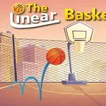 Koripallokenttä kaupungin siluetin edessä, jonka yllä on teksti The Linear Basketball ja lentävä koripallo