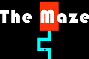 The Maze Game Punainen suorakulmio, jossa lukee The Maze valkoisella tekstillä ja sininen sokkeloreitti mustalla taustalla