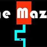The Maze Game Punainen suorakulmio, jossa lukee The Maze valkoisella tekstillä ja sininen sokkeloreitti mustalla taustalla