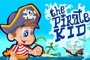 Piirroshahmo piraatti, jolla on päässään merirosvohattu, taustalla palmuja ja merirosvolaiva, sekä teksti the Pirate Kid