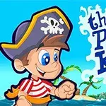 Piirroshahmo piraatti, jolla on päässään merirosvohattu, taustalla palmuja ja merirosvolaiva, sekä teksti the Pirate Kid