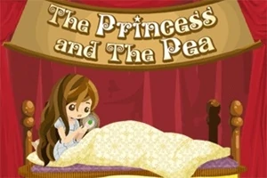 Piirroskuva prinsessasta sängyssä punaisen verhon edessä, otsikolla The Princess and The Pea